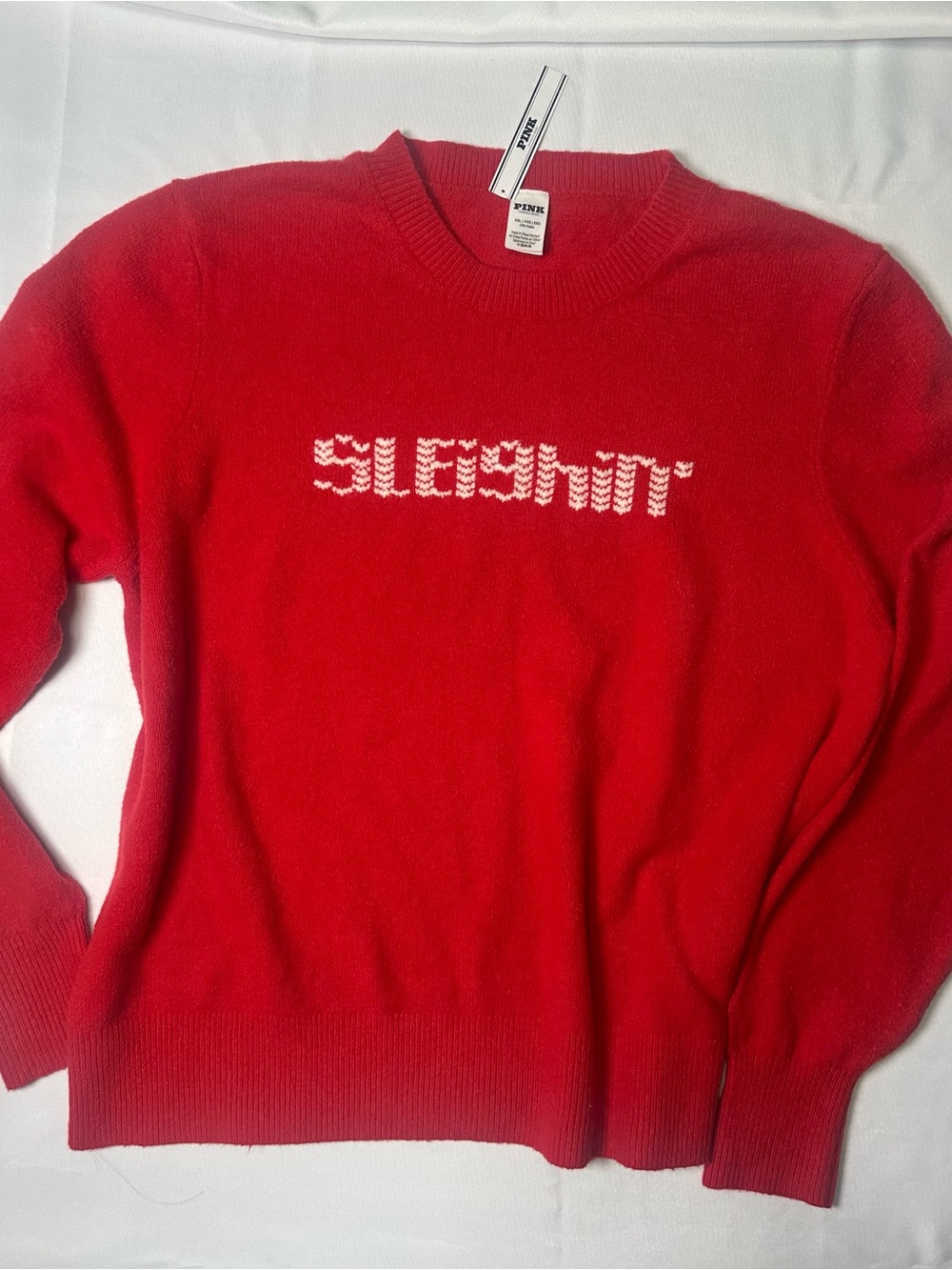 NWT PINK Victoria's Secret Red Crewneck Sweater with White SLEIGHIN' Knit XXL